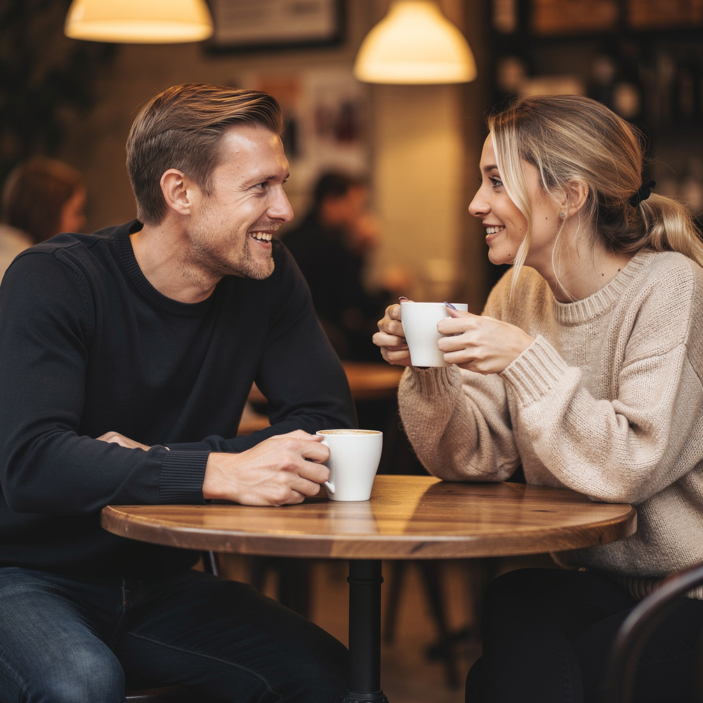 Two friends having a conversation over coffee