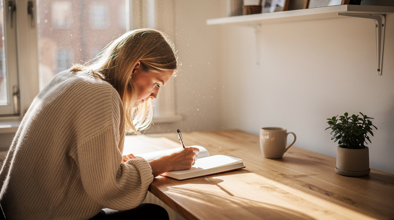 Woman writing notes while studying at a bright desk